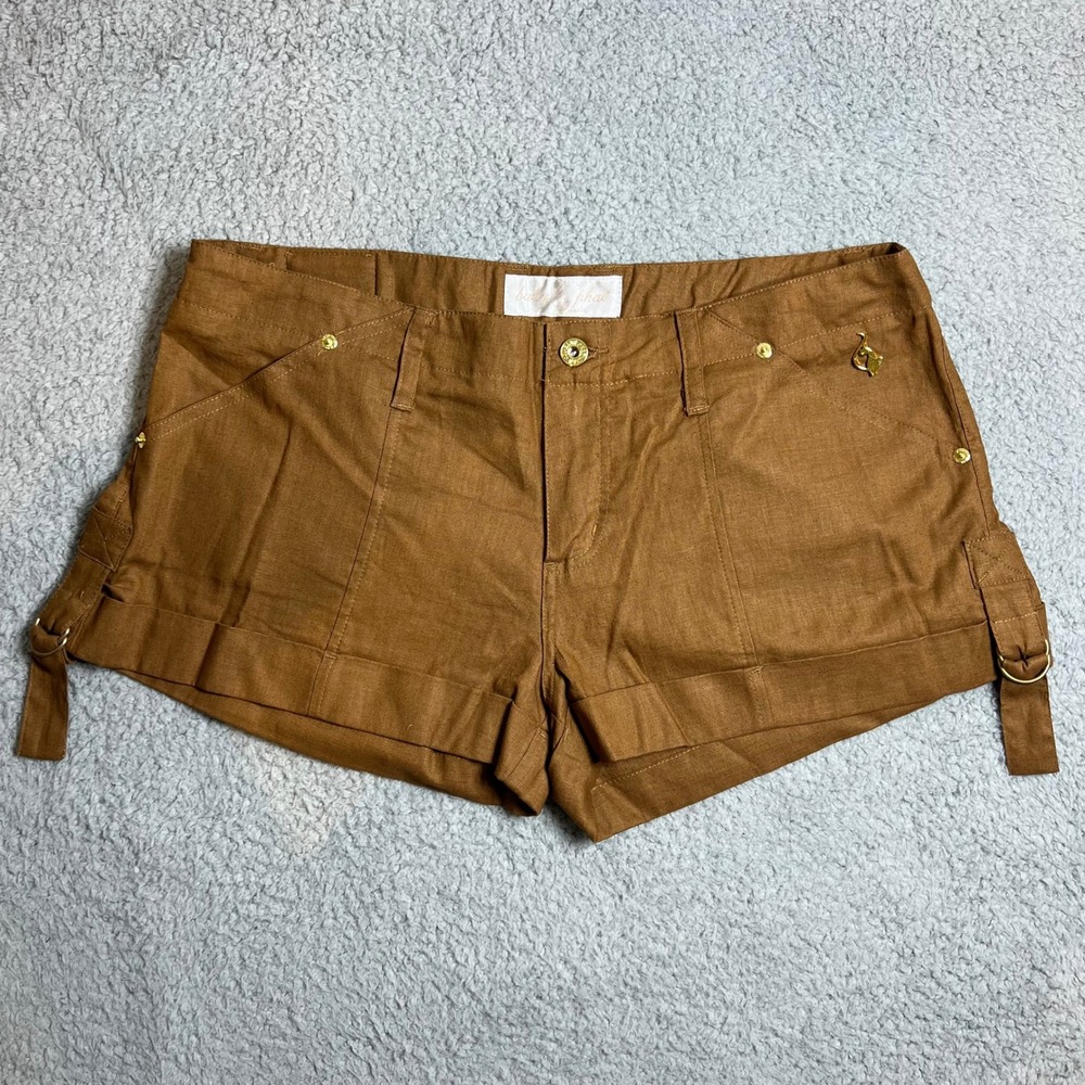 Baby Phat Women's Brown Linen Blend Shorts with Gold Cat‎ Charm Size 11 NWT